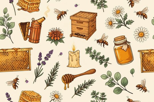 Seamless pattern of beekeeping supplies, honeycombs, jars of honey, wooden beehives, bees, lavender, chamomile, and herbs on a beige background