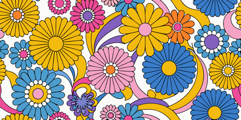 Retro floral ornament with stylized blossoms and swirling petals on white © AnupKumar