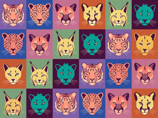 Set of Wild Cat Portraits in Pop Art Vector Style Featuring Tiger, Leopard, Lynx, and Cougar © Arlo