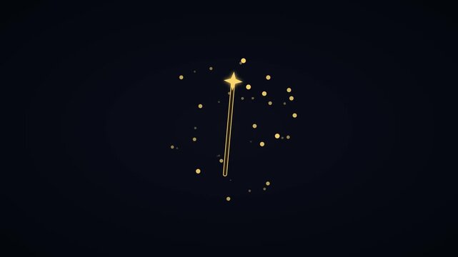 Magic wand animation with glowing golden particles and sparkles on dark 4k background