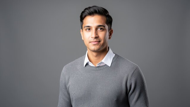 confident young diverse man portrait in smart casual wear against seamless gray studio backdrop for professional corporate advertising