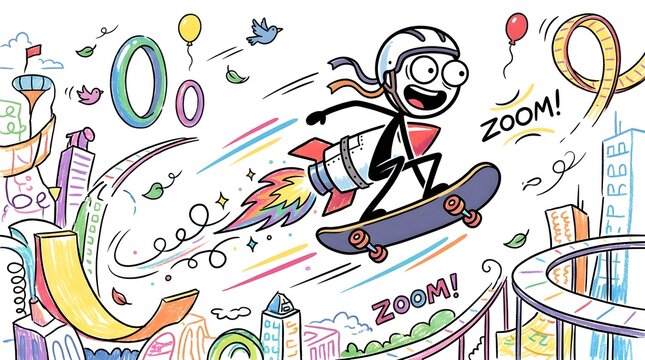 Cartoon stick figure skateboarding with rocket jetpack. Fun vector illustration. Adventure and speed concept with zoom text elements on white background.