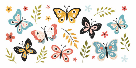 Colorful Butterfly And Floral Ornament Vector Illustration Set On White Background © AnupKumar