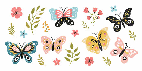 Colorful Butterfly And Floral Ornament Vector Illustration Set On White Background © AnupKumar
