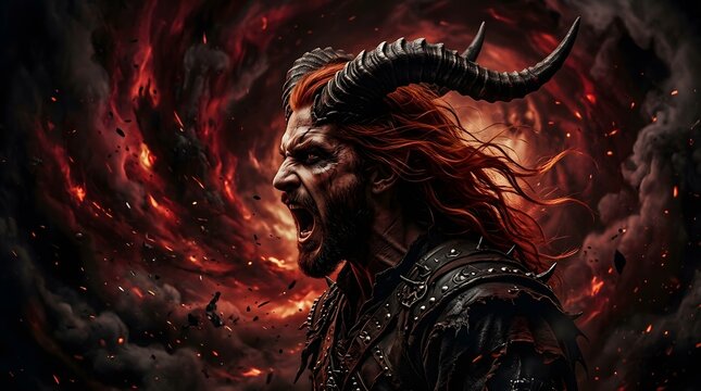 Happy halloween new colorful concept featuring a dark demonic creature with horns in a fiery hellish background
