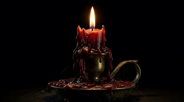 Happy halloween new colorful concept featuring a glowing dark candle burning in a vintage metal candle holder