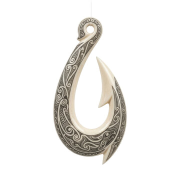 Carved bone fish hook pendant with traditional tribal patterns