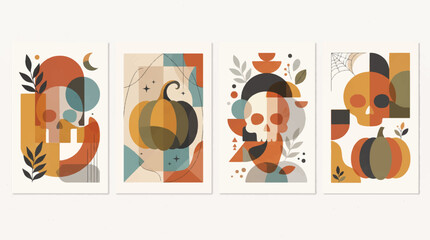 Fototapeta premium Boho Abstract Halloween Posters - Retro Skulls and Pumpkins Vector Set