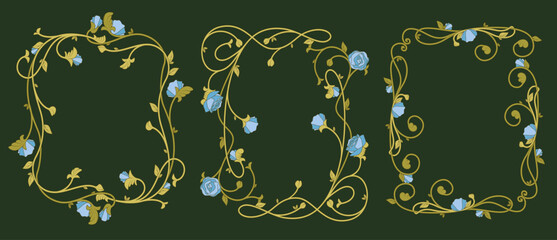 Art Nouveau floral frames set with blue roses on green vine. Vector illustration of vintage borders for luxury invitations, elegant decorative botanical elements for wedding cards and classic books © klyaksun