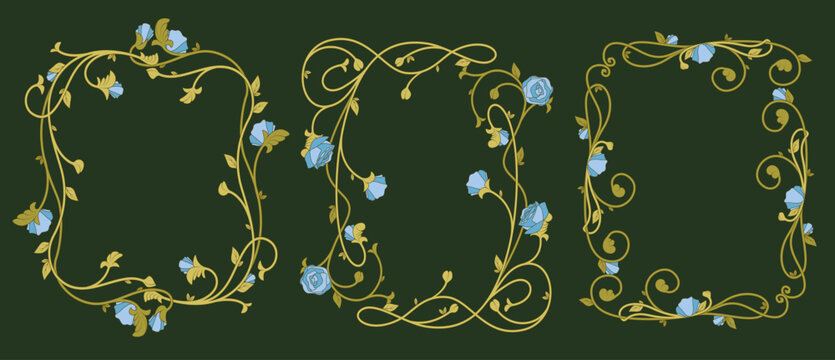 Art Nouveau floral frames set with blue roses on green vine. Vector illustration of vintage borders for luxury invitations, elegant decorative botanical elements for wedding cards and classic books