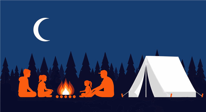 Family Camping at Night with Campfire and Tent Under Crescent Moon