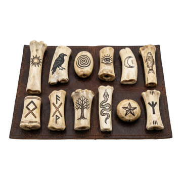 Set of ancient runes carved on bone fragments, featuring symbols like sun, raven, tree, snake, moon, and star.