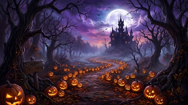 Happy halloween new colorful concept featuring a spooky haunted castle and glowing pumpkins on a dark night