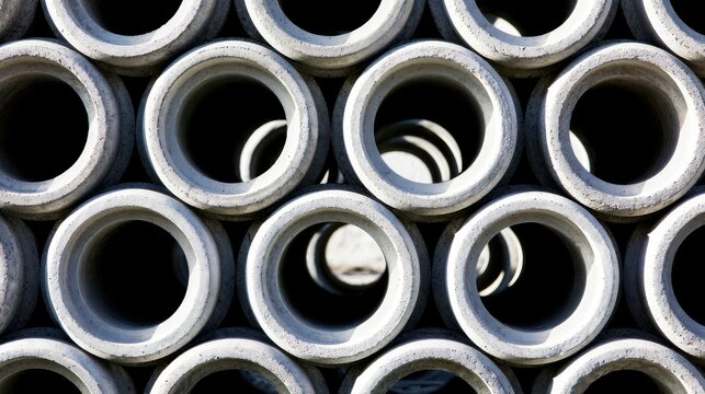 Stack of grey concrete drainage pipes in a warehouse yard. Industrial construction materials.