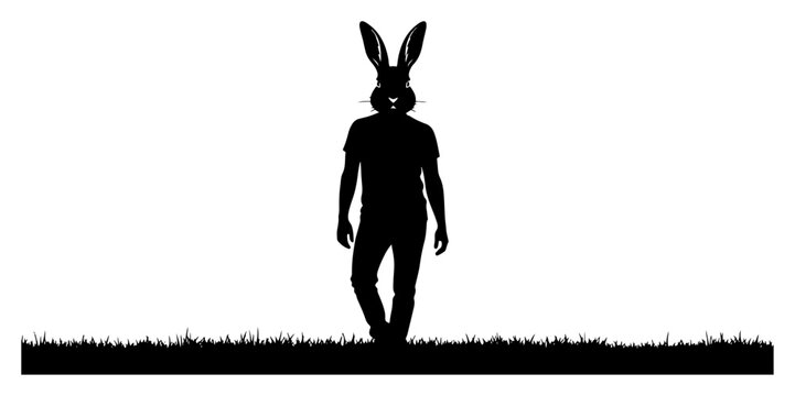 Silhouette of man with rabbit head standing on horizon surreal animal hybrid character
