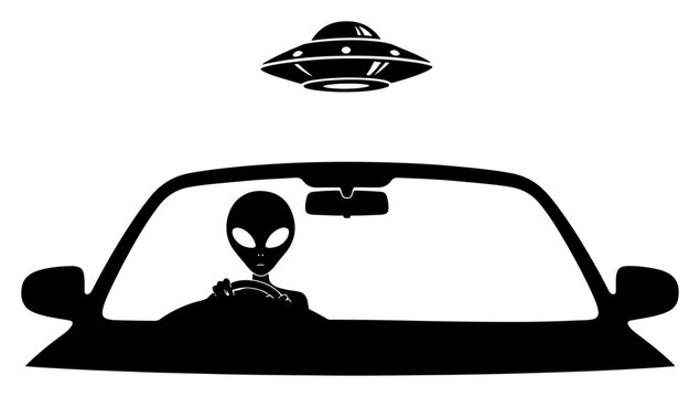 Alien driving convertible car under UFO flying saucer sci-fi extraterrestrial art