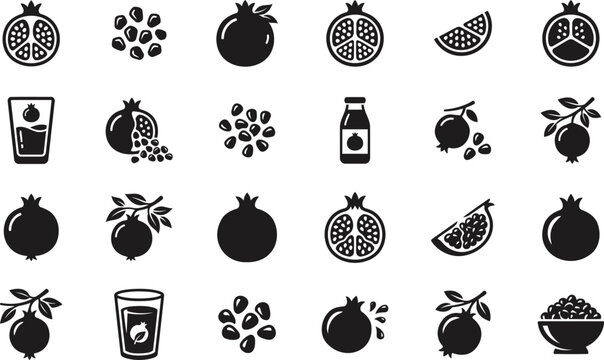 Pomegranate Fruit Fresh Fruit, Seeds, Juice Glass, Slice and Botanical  Icons &zwj;set