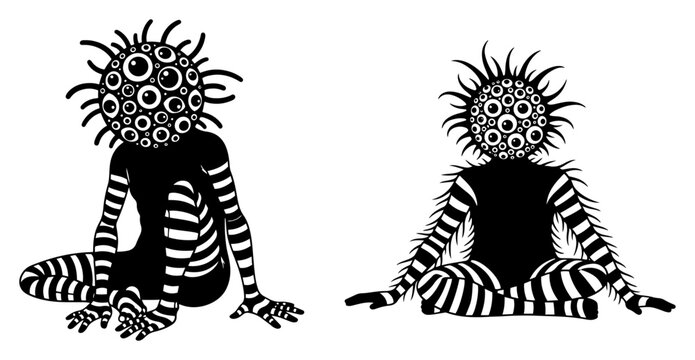 Surreal monsters with multiple eyes on head sitting creepy alien characters