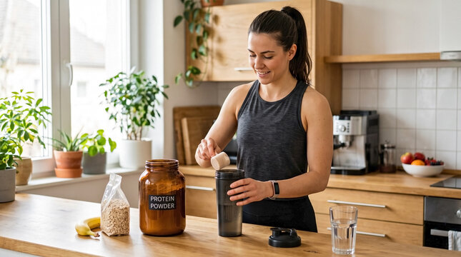 Woman preparing protein supplement drink in bright kitchen, living healthy lifestyle. She adds powder to shaker for protein supplement drink, aiding quick recovery.