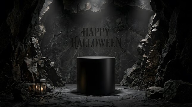 Happy halloween new colorful concept featuring a dark stone pedestal display in a spooky cave setting