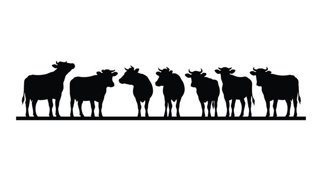 Silhouette line art of cows standing together in a row