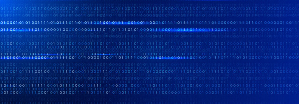 Digital data flow blue background, binary code grid, cyber network motion, AI analytics technology theme, computer technology banner presentation website design. Vector illustration