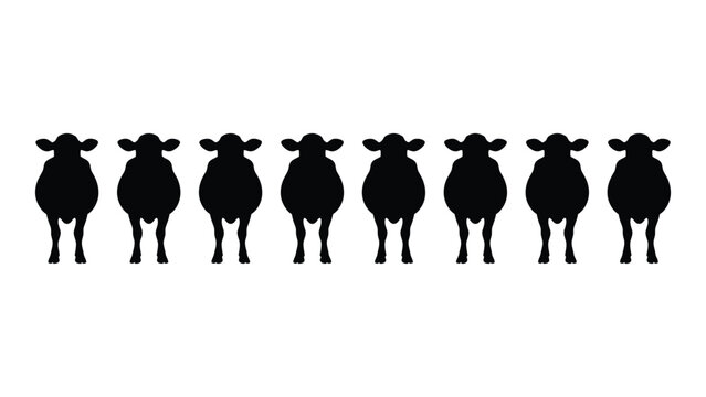 Black silhouette sheep standing in a line facing forward