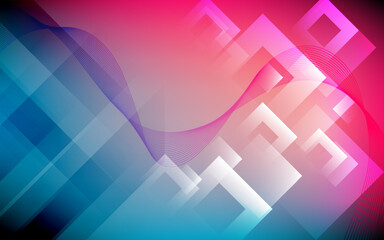 Obraz premium Blue and pink gradient background with overlapping geometric squares and flowing lines.