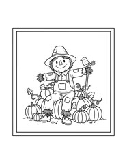 Fototapeta premium Scarecrow in Pumpkin Patch Coloring Page – Printable Black and White Outline Educational Worksheet for Kids