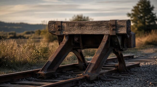 A weathered railway bumper stop at the end of the tracks at sunset.