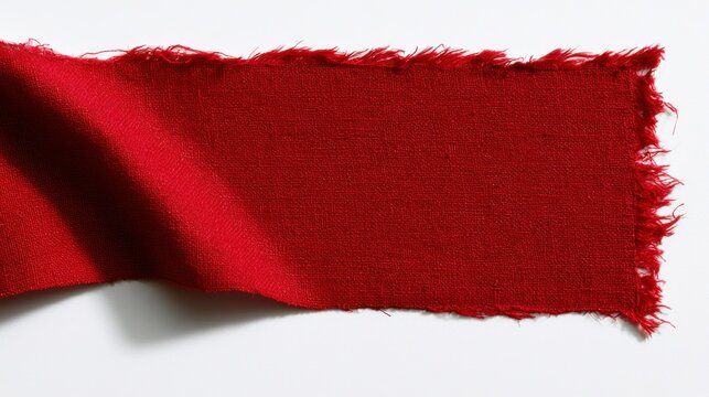 A torn strip of vibrant red fabric isolated on a white background, perfect for textile and fashion design.