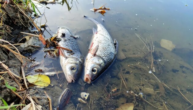 Dead Silver Fish Floating in Shallow Murky Pond Water Near Muddy Shore