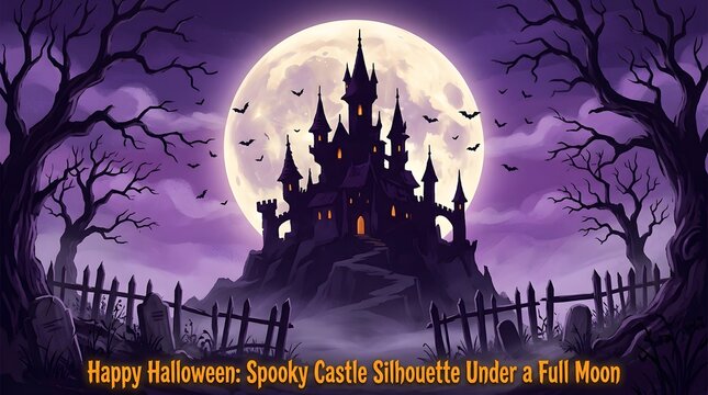 Happy halloween new colorful concept featuring a spooky haunted castle silhouette under a bright full moon