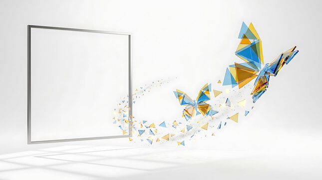 Abstract geometric butterflies flying out of a digital frame with butterfly