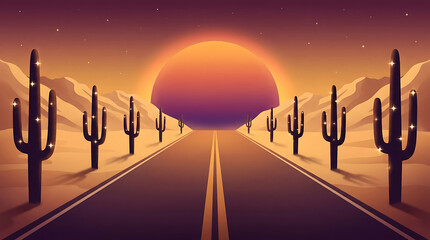 Fototapeta premium Desert highway landscape with cacti and giant setting sun at twilight