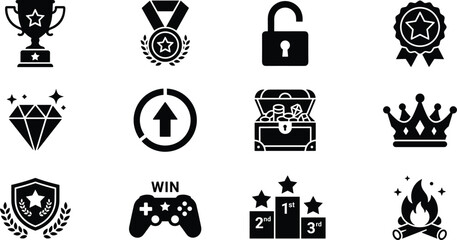 Gaming Achievement and Victory Reward Icon Set with Trophy, Crown, Gem, Controller, and Podium Elements for Graphics Design © Abdur