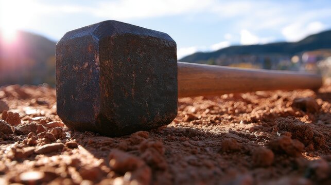 Heavy rusty sledgehammer resting on reddish dirt ground under bright sunlight. Industrial tool concept for.