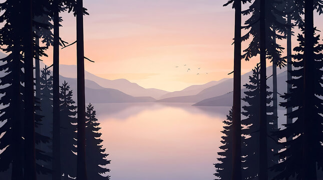 Serene mountain lake landscape during soft pastel sunset view through trees