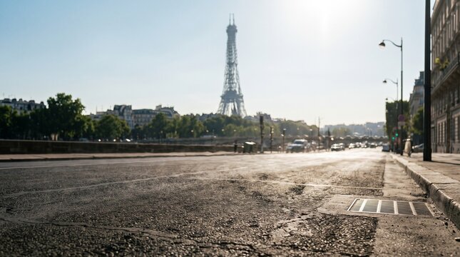 Eiffel Tower View from Empty Parisian Street on a Sunny Day.