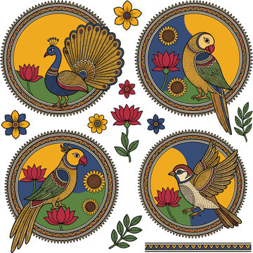 Traditional Indian Folk Art Round Emblem Set Featuring Madhubani Style Peacock Parrot Sparrow Lotus and Sunflower Botanical Illustration Vectors