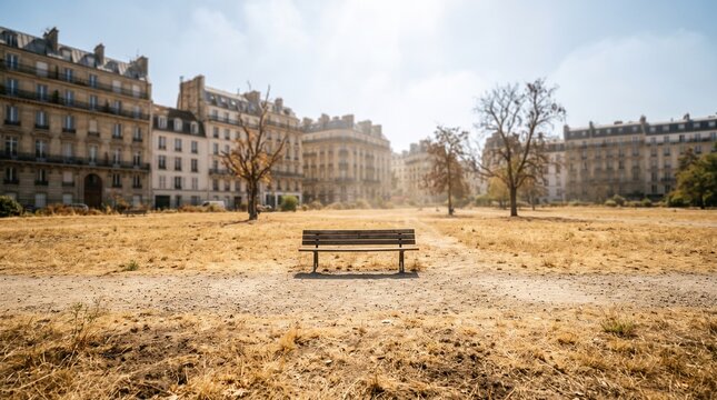 Empty park bench in a dry, sun-drenched urban park with historic buildings in the background.