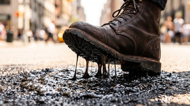 Close up view of leather boot stuck in sticky black tar on city street.