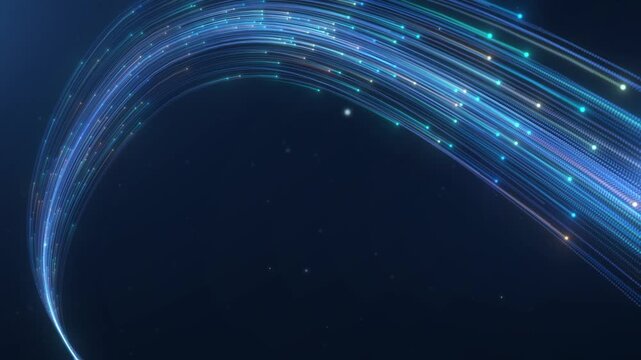 Abstract blue light streaks seamless loop animation, glowing speed light trails with sparkles, futuristic tech flow particle motion background on dark navy backdrop