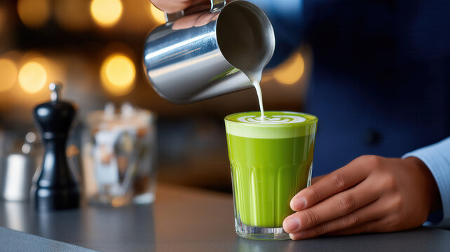 Barista pouring steamed milk into glass of matcha latte with rosetta pattern on blurred cafe counter background. Concept of specialty coffee shop craftsmanship