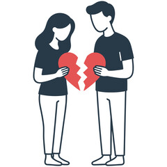 Fototapeta premium Couple holding fragments of a broken red heart symbol with heartbreak, conflict