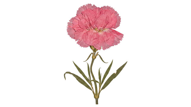 Single pressed pink carnation flower with its stem and green leaves.