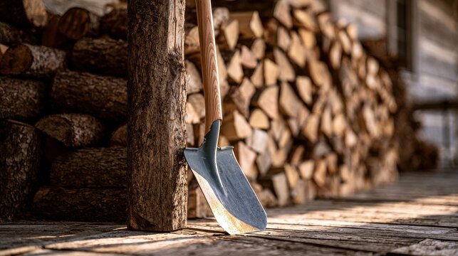 A shovel leaning against a wooden post with stacks of firewood in the background. Rural lifestyle and.