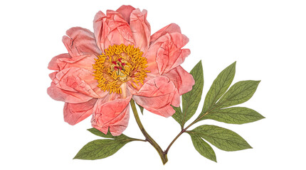 Pressed pink peony flower with green leaves and stem botanical specimen on transparent background. © Samantha