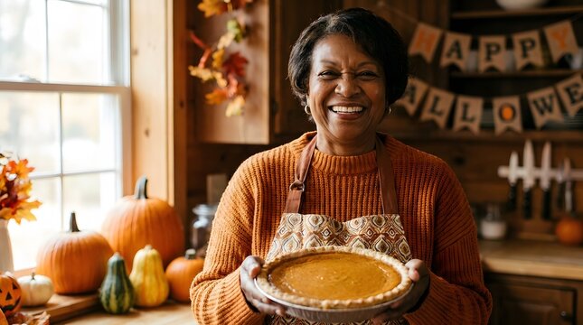 A happy woman holding a pumpkin pie in a kitchen for a new colorful happy halloween concept