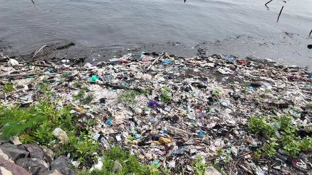 Plastic bags, wrappers, and general garbage washed ashore by dark ocean water, polluting a rocky coastline and green plants in an ecological disaster.